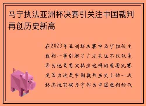 马宁执法亚洲杯决赛引关注中国裁判再创历史新高