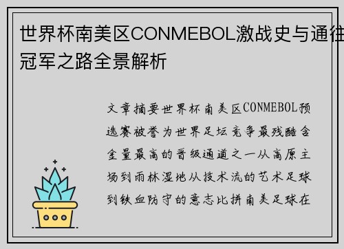 世界杯南美区CONMEBOL激战史与通往冠军之路全景解析 世界杯南美区CONMEBOL激战史与通往冠军之路全景解析