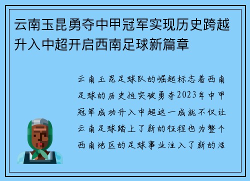 云南玉昆勇夺中甲冠军实现历史跨越升入中超开启西南足球新篇章 云南玉昆勇夺中甲冠军实现历史跨越升入中超开启西南足球新篇章